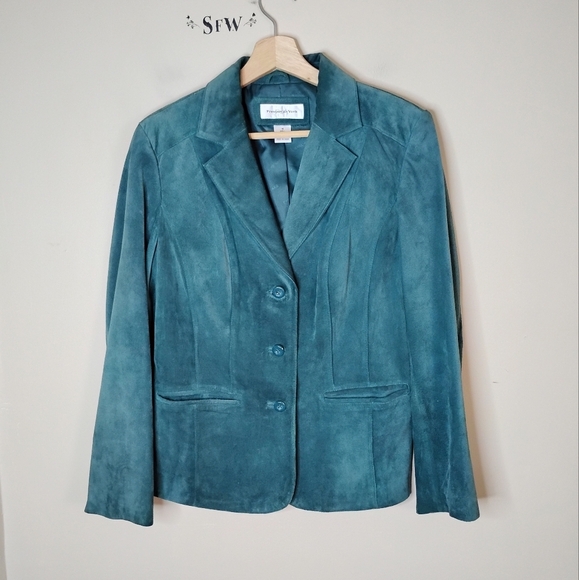 Preston & York Suede Leather Blazer Jacket Deep Teal Single-Breasted Notch Lapel - Picture 2 of 10